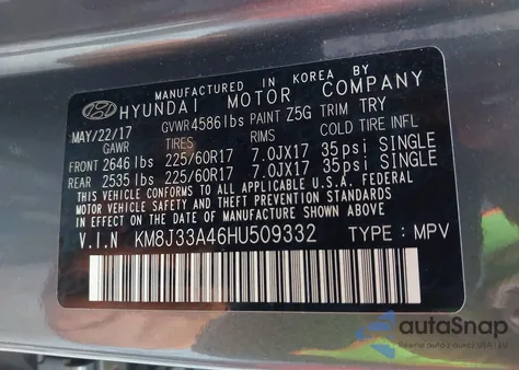 2017 Hyundai Tucson Se Plus z USA, uszkodzony, nr VIN KM8J33A46HU509332
